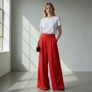 Gracia Red Pleated Palazzo Pant Sz Med High Waisted Flowy Drapey Nightout Career